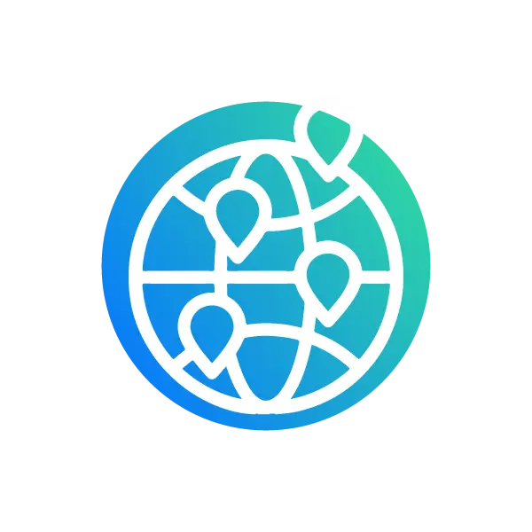 Earth with aqua green background and three black pins.